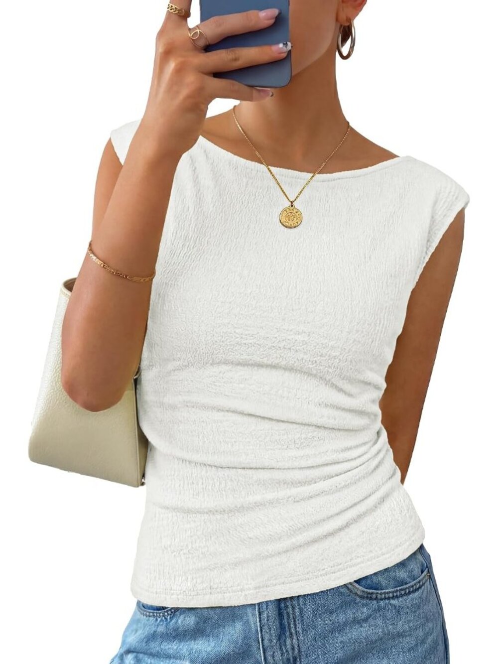 Women's White Cap Sleeve Boat Neck Slim Fit Pull On Casual Summer Tank Top